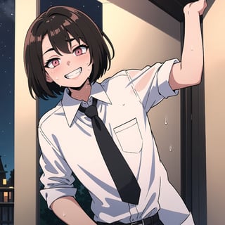 (best quality, masterpiece), 1girl, looking at viewer, smile, short hair, blonde hair, brown hair, shirt, black hair, 1boy, white shirt, sweat, necktie, sky, collared shirt, pink eyes, grin, night, formal, black necktie