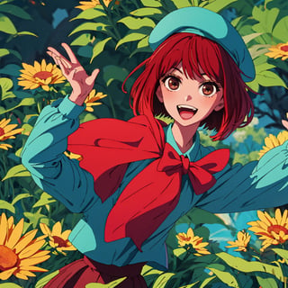 (best quality, masterpiece), 1girl, solo, looking at viewer, smile, short hair, open mouth, skirt, hat, bow, brown eyes, red hair, dated, beret, waving