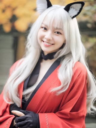 masterpiece, best quality, 1girl, White hair, red eyes, fox ears, long hair, red kimono, black coat, black gloves, otoko no ko, Smile,