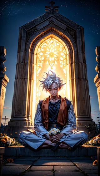 masterpiece, high quality, detailed lighting,  son goku is in a Muslim cemetery, he is closing his eyes, making a prayer gesture, bring flower, son goku, muslim clothes, white hair, sitting cross-legged in front of a Muslim grave topped with flowers, a Muslim burial area