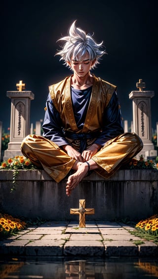 masterpiece, high quality, detailed lighting,  son goku is in a Muslim cemetery, he is closing his eyes, making a prayer gesture, bring flower, son goku, muslim clothes, white hair, sitting cross-legged in front of a grave topped with flowers