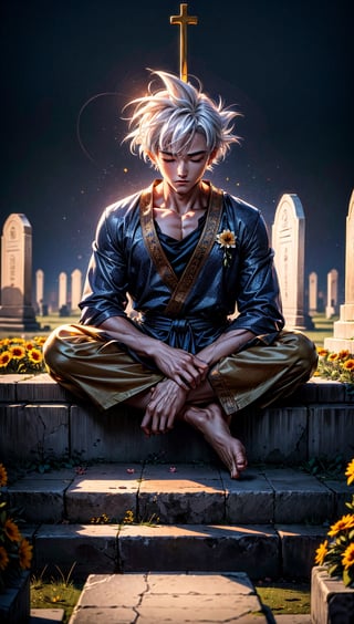 masterpiece, high quality, detailed lighting,  son goku is in a Muslim cemetery, he is closing his eyes, making a prayer gesture, bring flower, son goku, muslim clothes, white hair, sitting cross-legged in front of a Muslim grave topped with flowers, a Muslim burial area