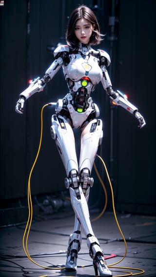 1girl, beautiful face, pale skin, black_hair, medium hair, robotic body, full body, sitting, wires, robotic legs, robotics arms, robotic body, robotic hands, futiristic, robotic, mechanical, armored, standing, expressionless face, damaged robotic body, black_robotic_body, alone, (wires), straight leg,cum in breast,Milk breast,mecha,bodycon