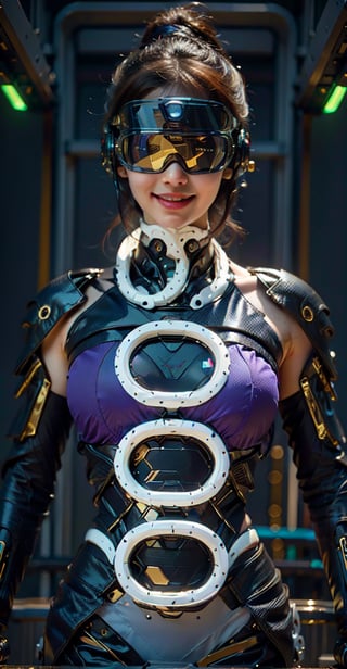 highres, Ultra HD, ultra detailed, cinematic poster, (1girl), ((big smiling and open arms)),((dressed in a dark blue and purple sleeveless strapless mecha bikini)), wearing a sci-fi goggle, blurred high-tech lighting of the future cyberpunk city background , gleaming, sparkling light,wrenchsmechs