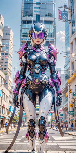 highres, Ultra HD, ultra detailed, cinematic poster, (1girl), dressed in a dark blue and purple mecha bikini, wearing a mecha tactical helmet, the background is a high-tech lighting  scene of the future cyberpunk city, gleaming, sparkling light,wrenchsmechs