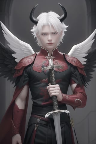 beautiful angel.  male.  perfect beauty.  young.  wise.  red and black clothes.  white hair.  black wing.  horns.  dim lighting.  sword.  