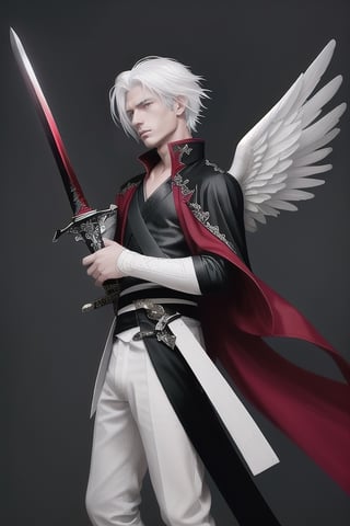 beautiful angel.  male.  perfect beauty.  young.  wise.  red and black clothes.  white hair.  dim lighting.  sword.  