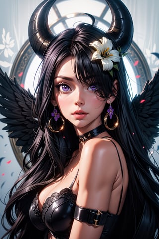 1girl, solo, long hair, looking at viewer, black hair, jewelry, purple eyes, upper body, flower, earrings, wings, horns, choker, hair over one eye, mask, black choker, halo, piercing, white flower, crescent, veil, black wings, one eye covered, mouth mask, mouth veil