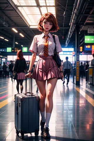 1girl, looking at viewer, short hair, bangs, (((pink skirt))), brown hair, shirt, hair ornament, brown eyes, school uniform, standing, full body, short sleeves, pleated skirt, necktie, shoes, solo focus, socks, hairclip, collared shirt, indoors, bag, black footwear, orange hair, lips, kneehighs, blue shirt, white socks, reflection, watch, realistic, wristwatch, orange skirt, orange necktie, ceiling, train station, reflective floor, luggage, rolling suitcase