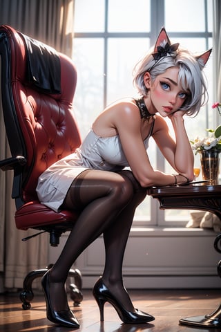 1girl, solo, looking at viewer, short hair, blue eyes, dress, animal ears, flower, white hair, pantyhose, cat ears, black footwear, high heels, black pantyhose, bent over, head rest