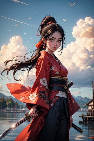 1girl, solo, long hair, looking at viewer, black hair, hair ornament, long sleeves, holding, brown eyes, standing, ponytail, weapon, outdoors, japanese clothes, sky, day, sword, cloud, wide sleeves, kimono, water, holding weapon, lips, sash, holding sword, floral print, katana, wind, sheath