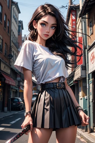 1girl, solo, long hair, looking at viewer, bangs, blue eyes, skirt, shirt, black hair, holding, jewelry, closed mouth, standing, white shirt, weapon, short sleeves, cowboy shot, pleated skirt, earrings, belt, sword, miniskirt, black skirt, holding weapon, grey eyes, holding sword, piercing, katana, t-shirt, sheath, ear piercing, watch, sheathed, wristwatch