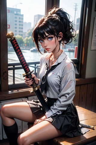 1girl, solo, long hair, looking at viewer, bangs, blue eyes, skirt, shirt, black hair, hair ornament, long sleeves, holding, hair between eyes, jewelry, sitting, closed mouth, school uniform, white shirt, ponytail, weapon, pleated skirt, serafuku, socks, sword, black skirt, sailor collar, necklace, holding weapon, kneehighs, holding sword, ring, katana, black socks, black nails, hair stick