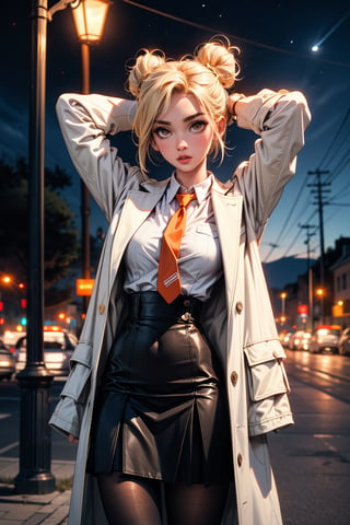 1girl, solo, looking at viewer, blush, short hair, bangs, skirt, blonde hair, shirt, long sleeves, closed mouth, jacket, white shirt, cowboy shot, outdoors, open clothes, necktie, sky, collared shirt, black skirt, hair bun, arms up, coat, v-shaped eyebrows, orange eyes, double bun, night, white jacket, building, night sky, high-waist skirt, open coat, white coat, lamppost, orange necktie