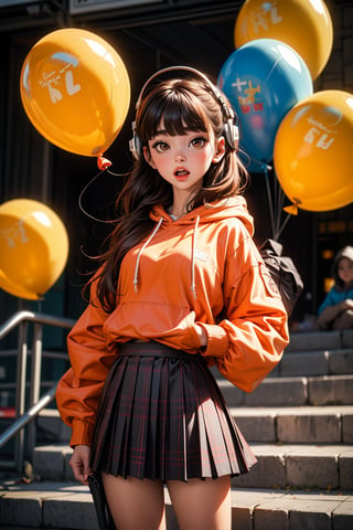 1girl, solo, long hair, looking at viewer, open mouth, bangs, skirt, brown hair, long sleeves, holding, brown eyes, very long hair, standing, pleated skirt, puffy sleeves, hood, blunt bangs, orange hair, :o, plaid, hoodie, headphones, plaid skirt, hood down, brown skirt, drawstring, balloon, holding balloon