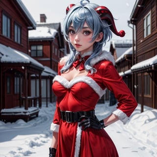 (masterpiece, best quality, ultra-detailed, 8K), 1girl, (ganyurnd), outdoors, snowing, sntdrs, sexy red santa dress, belt, fur, seductive_pose, medium_breasts ,looking_at_viewer