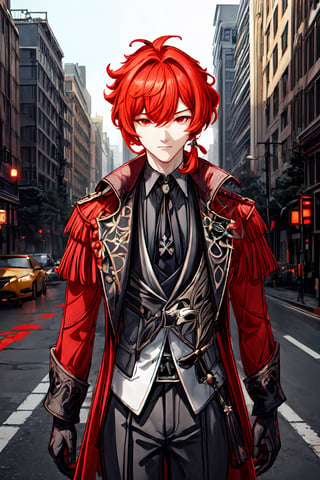 1boy, solo, diluc \(genshin impact\), male focus,  red eyes, red hair, overgrown hair, long hair, low ponytail, red coat, outdoor, in the middle of the road, traffic light, tall building, city, look at viewer, best quality, potrait, (extremely detailed CG unity 8k wallpaper, masterpiece, best quality), (detailed background), High contrast, (best illumination, an extremely delicate and beautiful), realistic, perfect light,diluc \(genshin impact\)