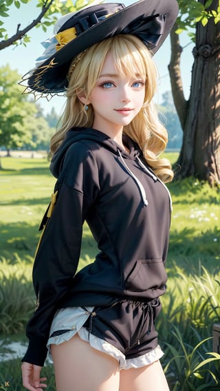 1 girl, solo, mature lady, navia \(genshin impact\), blonde hair, blue eyes, yellow bow, fancy hat, small breasts, grey hoodie(hood down), black shorts, smile, grass, tree, branches, open fields, look at viewer, hands behind back, best quality, potrait, (extremely detailed CG unity 8k wallpaper, masterpiece, best quality, ultra-detailed, best shadow), (detailed background), (beautiful detailed face, beautiful detailed eyes), High contrast, (best illumination, an extremely delicate and beautiful),  realistic, ,navia (genshin impact),perfect light,navia \(genshin impact\)