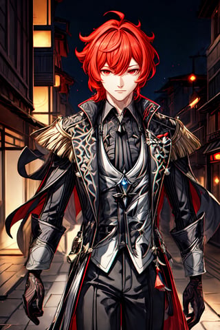 1boy, solo, diluc \(genshin impact\), male focus,  red eyes, red hair, overgrown hair, long hair, black coat, outdoor, back alley, midnight, dark place, tall building, city, look at viewer, best quality, potrait, (extremely detailed CG unity 8k wallpaper, masterpiece, best quality), (detailed background), High contrast, (best illumination, an extremely delicate and beautiful), realistic, perfect light,diluc \(genshin impact\)
