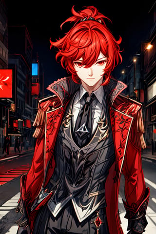1boy, solo, diluc \(genshin impact\), male focus,  red eyes, red hair, overgrown hair, long hair, low ponytail, red coat, outdoor, in the middle of the road, traffic light, tall building, city, look at viewer, best quality, potrait, (extremely detailed CG unity 8k wallpaper, masterpiece, best quality), (detailed background), High contrast, (best illumination, an extremely delicate and beautiful), realistic, perfect light,diluc \(genshin impact\)