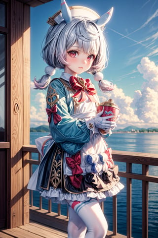 Sigewinne from Genshin Impact poses solo in a serene outdoor setting, with a simple white and blue-toned background. She wears a red-eyed expression, her long sleeves and dress adorned with white pom poms and twintails tied up with a red bow. A pair of animal ears and a white apron add to the whimsical charm. Her hair is styled in two blue pigtails, each topped with a small heart-shaped pom pom ornament. A pair of white gloves cover her hands, which hold a vision-granting device. She wears high-heeled boots, a red bow tie around her neck, and carries a heart-patterned satchel at her side. The overall effect is one of playful elegance.