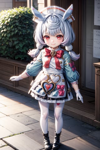 sigewinne \(genshin impact\), 1girl, solo, kid, white gloves, red eyes, pom pom \(clothes\), long sleeves, twintails, red bow,white headwear, animal ears, white apron, white pantyhose, bowtie, dress, blue hair, pom pom hair ornament, heart satchel, boots, vision \(genshin impact\), 4k wallpaper, simple backgroud, light smile, flat chested, outdoor, standing, 