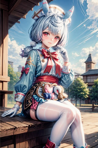 A whimsical 1-girl scene from Genshin Impact. Sigewinne stands solo, donning white gloves and a soft smile, her red eyes gleaming with curiosity. Her pom-pom-adorned outfit features long sleeves, twintails, and a matching red bow tied around her head, atop a white headwear adorned with animal ears. A crisp white apron wraps around her waist, paired with white pantyhose and a bowtie. She holds a heart-shaped satchel and wears blue hair with a pom-pom hair ornament. Boots complete the look as she steps into an outdoor setting with a simple background. The overall composition is framed to emphasize Sigewinne's endearing presence.