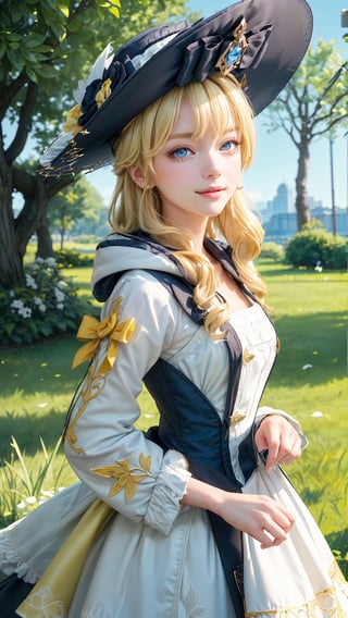 1 girl, solo, mature lady, navia \(genshin impact\), blonde hair, blue eyes, yellow bow, maid hat, small breasts, maid outfits, smile, grass, tree, branches, open fields, look at viewer, hands in hoodie pocket, best quality, potrait, (extremely detailed CG unity 8k wallpaper, masterpiece, best quality, ultra-detailed, best shadow), (detailed background), (beautiful detailed face, beautiful detailed eyes), High contrast, (best illumination, an extremely delicate and beautiful),  realistic, ,navia (genshin impact),perfect light,navia \(genshin impact\)