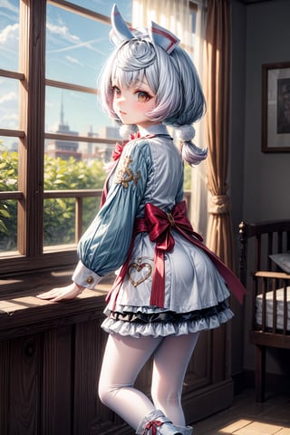 A whimsical depiction of Sigewinne from Genshin Impact! In a warm, inviting nursery setting, Sigewinne stands solo, donning a striking white-gloved outfit. Her long sleeves and twintails are adorned with red pom-poms, matching the fiery hue of her eyes. A red bow sits atop her head, alongside a pair of adorable animal ears. She wears a crisp white apron over her dress, paired with lacy white pantyhose and a charming bowtie. The scene is framed by a soft blue glow, reflecting the color of her hair, which flows down her back like a flowing river, featuring a pom-pom hair ornament that adds to the playful atmosphere. In one hand, she holds a heart-shaped satchel, while her boots stand firm on the ground, as if ready to tend to the nursery's precious young patients. The overall vision exudes a sense of youthful innocence and care.