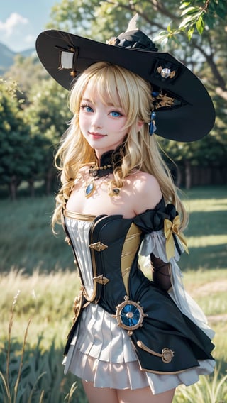 1 girl, solo, mature lady, navia (genshin impact), blonde hair, blue eyes, yellow bow, black dress, black thighhighs, cleavage, small breasts, bare shoulder, detached sleeves, jewelry, bow, witch hat, smile, grass, tree, branches, open fields, look at viewer, hands behind back, best quality, potrait, (extremely detailed CG unity 8k wallpaper, masterpiece, best quality, ultra-detailed, best shadow), (detailed background), (beautiful detailed face, beautiful detailed eyes), High contrast, (best illumination, an extremely delicate and beautiful),  realistic, ,navia (genshin impact),perfect light