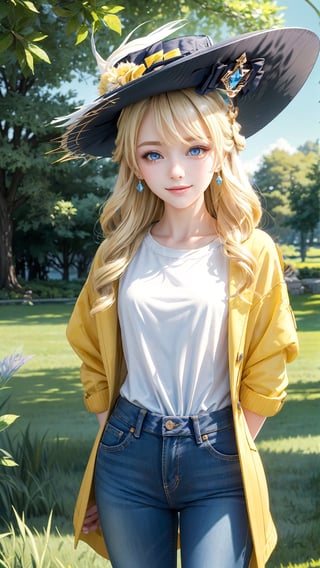 1 girl, solo, mature lady, navia \(genshin impact\), blonde hair, blue eyes, yellow bow, fancy hat, small breasts, withe t shirt, grey coat, jeans, smile, grass, tree, branches, open fields, look at viewer, hands behind back, best quality, potrait, (extremely detailed CG unity 8k wallpaper, masterpiece, best quality, ultra-detailed, best shadow), (detailed background), (beautiful detailed face, beautiful detailed eyes), High contrast, (best illumination, an extremely delicate and beautiful),  realistic, ,navia (genshin impact),perfect light,navia \(genshin impact\)