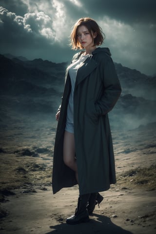 (close-shot photo:1.4) of a beatutiful woman wearing a long coat on a open field, (anger, teary eyes:1.2), short orange hair, embers of memories, colorful, (photo-realisitc), meteor background, meteor theme,exposure blend, medium shot, bokeh, (hdr:1.4), high contrast, (cinematic, teal and green:0.85), (muted colors, dim colors, soothing tones:1.3), low saturation,fate/stay background,yofukashi background,1