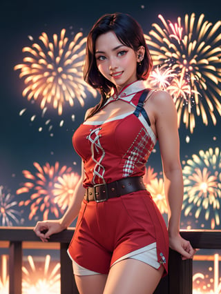 Momo, New Years, fireworks, grin, cowboy shoot, 1girl, solo, looking at viewer, photo, realistic, shadows, high_res, detailed_background, high key lighting, vignetting,