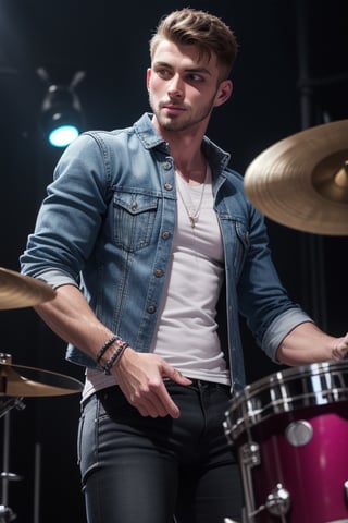 Man , muscular_body ,Handsome, pink lips, white shirt, blue denim jacket, black jeans pant  playing drums set Germany Male,Handsome boy