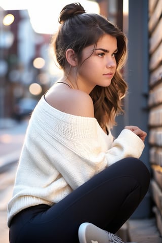 RAW photo, outside, city street corner, view from side, callie girl, 16 year old, detailed realistic face, sitting, back against wall, eye contact, heart necklace, white low cut off shoulders sweater, soft yoga pants, natural dawn light, shallow depth of field, bokeh,more detail XL