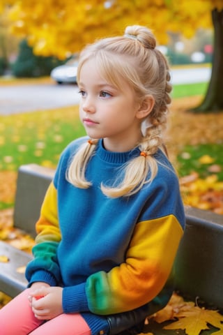 face focus, k1nd3r, 7 year old, blonde hair, twin tails, contemplative and reflective, sitting on a bench, cozy sweater, autumn park with colorful leaves, soft overcast light, muted color photography style, 4K quality.