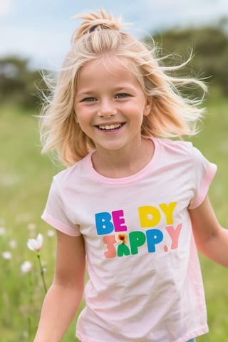 k1nd3r, 6 year old, blonde hair flowing by wind,smiling happily, wearing light pink T-shirt with a flower on it wrote 'Be Happy' on top. Afternoon spring, front view, blur grassland behind girl.