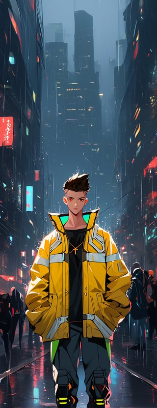 score_9, score_8_up, score_7_up, source_anime, rating_safe, Xmartinezx, x2077x, portrait boy (in fututistic city Cyberpunk :1.4), extreme detailed, neons, big buildings,  dark scene, nigth time,raining, lights city,masterpiece