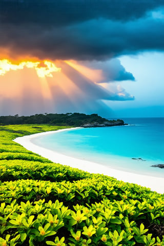 Fiery orange sunbeams pierce through the gloomy tropical sky, casting a warm glow on the lush verdant foliage of ludwigia and hornwort. A photorealistic Fuji X-T5 captures the serenity of a remote island paradise from above, where pristine white sand beaches meet rugged coastline and vibrant turquoise waters. A high-altitude drone soars through the dark cloudy rainy foggy atmosphere as the breathtaking sunset unfolds, showcasing coral reefs, oceanic expanse, and the island's majestic landscape.