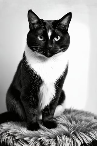 Close-up shot of a sleek black and white patterned cat sitting regally on a plush velvet cushion. The camera frames the cat's face, highlighting the intricate swirling patterns on its fur. Soft, warm lighting casts a gentle glow, accentuating the textures and tones of the cat's coat. The composition is simple yet striking, with the cat's piercing eyes drawing the viewer in. The subject sits confidently, tail held high, as if surveying its kingdom.