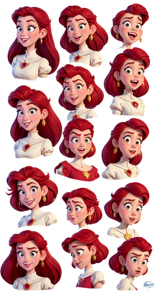 A character sheet of different facial expressions for an disney heroine, vintage Disney animation, white background, cartoon, pencil sketch, concept art, redcolour palette, character design sheet, character illustration sheet, concept drawing
