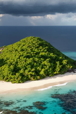 Fiery orange sunbeams pierce through the gloomy tropical sky, casting a warm glow on the lush verdant foliage of ludwigia and hornwort. A photorealistic Fuji X-T5 captures the serenity of a remote island paradise from above, where pristine white sand beaches meet rugged coastline and vibrant turquoise waters. A high-altitude drone soars through the dark cloudy rainy foggy atmosphere as the breathtaking sunset unfolds, showcasing coral reefs, oceanic expanse, and the island's majestic landscape.