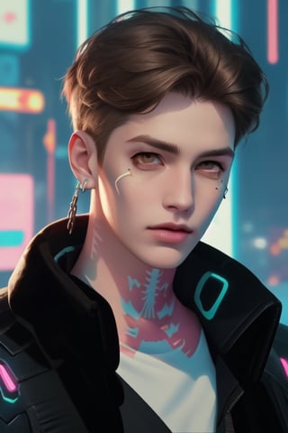  brown eyes, long brown hair,style, neck tattoo,chain earring style cyberpunk edgrunners,1boy,Rebecca ,photorealistic,Cyberpunk 