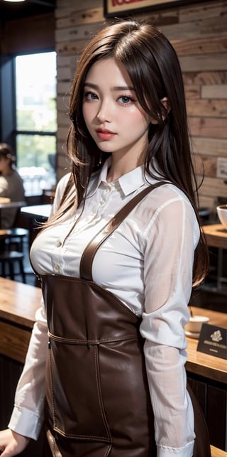 (masterpiece, top quality, best quality, official art, beautiful and aesthetic:1.2), hdr, high contrast, wideshot, 1girl, long black straight hair with bangs, clearly brown eyes, longfade eyebrow, soft make up, ombre lips, large breast, hourglass body, finger detailed, BREAK wearing barista suit, (coffee shop theme:1.5), light smile, coffee shop background detailed, by KZY, BREAK frosty, ambient lighting, extreme detailed, cinematic shot, realistic ilustration, (soothing tones:1.3), (hyperdetailed:1.2),(straight_front_pose:0.8),looking_at_viewer