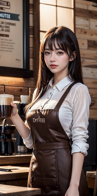 (masterpiece, top quality, best quality, official art, beautiful and aesthetic:1.2), hdr, high contrast, wideshot, 1girl, long black straight hair with bangs, clearly brown eyes, longfade eyebrow, soft make up, ombre lips, large breast, hourglass body, finger detailed, BREAK wearing barista suit, (coffee shop theme:1.5), light smile, coffee shop background detailed, by KZY, BREAK frosty, ambient lighting, extreme detailed, cinematic shot, realistic ilustration, (soothing tones:1.3), (hyperdetailed:1.2),(straight_front_pose:0.8),looking_at_viewer