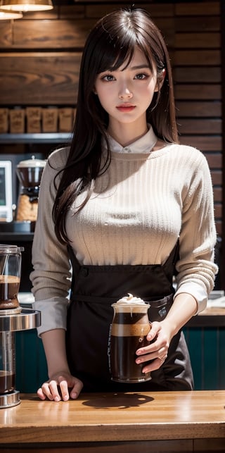 (masterpiece, top quality, best quality, official art, beautiful and aesthetic:1.2), hdr, high contrast, wideshot, 1girl, long black straight hair with bangs, clearly brown eyes, longfade eyebrow, soft make up, ombre lips, large breast, hourglass body, finger detailed, BREAK wearing barista suit, (coffee shop theme:1.5), light smile, coffee shop background detailed, by KZY, BREAK frosty, ambient lighting, extreme detailed, cinematic shot, realistic ilustration, (soothing tones:1.3), (hyperdetailed:1.2),(straight_front_pose:0.8),looking_at_viewer