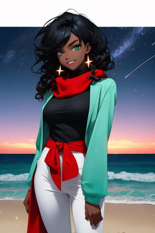 
Highly detailed.High Quality.Masterpiece. Beaitiful (mid shot).

A young woman of 20 years old, tall, muscular (not excessive), dark skin, tousled and frizzy black hair, bright turquoise eyes (close to green). He wears a black shirt, a red scarf, and dark gray pants. He is alone on a beach at dawn (with stars in the background) with a light and calm smile.