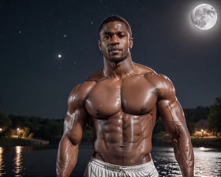 half protrait shot, a handsome dark skin muscular man standing in the moon river, pov_at_viewer, (at night):1.5, bulging biceps, chiseled physique, Arial view, photography, masterpiece, 4k, extremely realistic, noise-free realism, sigma 85mm f/1.4, more saturation