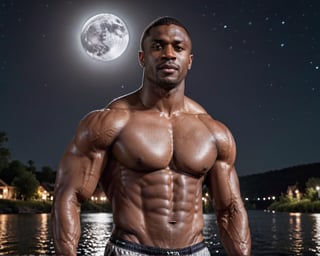half protrait shot, a handsome dark skin muscular man standing in the moon river, pov_at_viewer, (at night):1.5, bulging biceps, chiseled physique, Arial view, photography, masterpiece, 4k, extremely realistic, noise-free realism, sigma 85mm f/1.4, more saturation