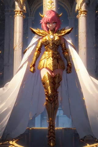 Woman, 8 years old, wearing Sagittarius gold saint armor, cute pose while smiling, light pink hair, photo from the front, photo from a distance of 5 meters, full body, 8k, 4k, absurdres, highres, ultra detailed,Insane detail in face,  (nsfw, girl,  big breasts), Gold Saint, Saint Seiya Style, (((Gold Armor))), Full body armor, no helmet, Zodiac Knights, (((white long cape))), gold gloves, long hair, long white cape, full body armor, beautiful old greek temple in the background, full leg armor,,bg_imgs,  bare_shoulder,fantasy00d,anya forger